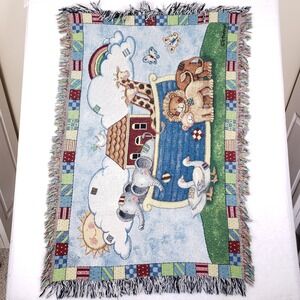 Vintage B.W. Co Noahs Ark Woven Tapestry Throw Blanket Kids Nursery Wall Art